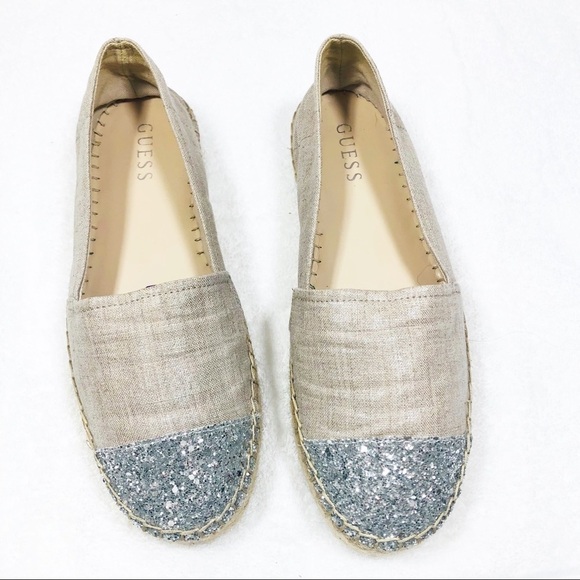 Guess 🔥SALE🔥 tan JAALI espadrilles with glitter cap toe Sz8.5 - Picture 1 of 9
